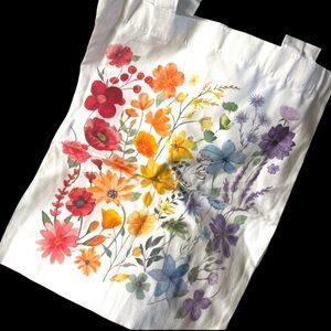 Rainbow of Watercolor Flowers Canvas Tote 15.75” x13.4” approx